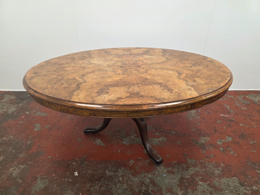 An oval low coffee table featuring a figured burr walnut top set on a dark cast iron tripod base. View II