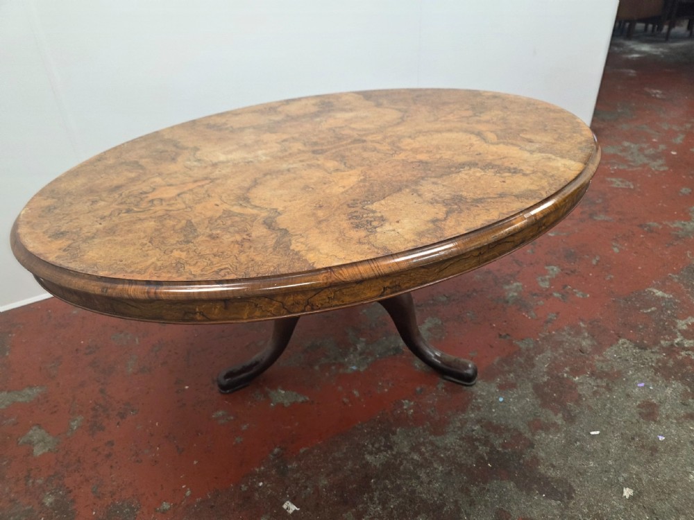 An oval low coffee table featuring a figured burr walnut top set on a dark cast iron tripod base. View VII