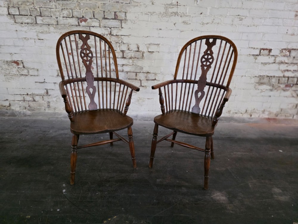 A pair of Antique Elm Ash and Beach High Back Windsor Chairs 1920s. 