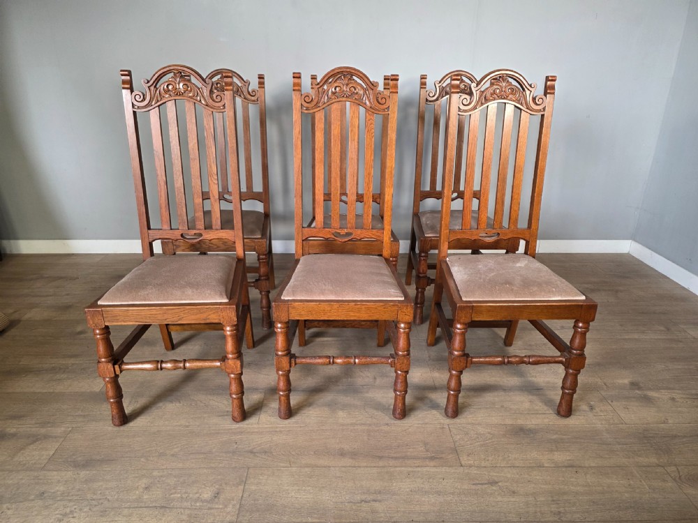 Set of 6 Antique Golden Oak High Back Carved Dining Chairs 