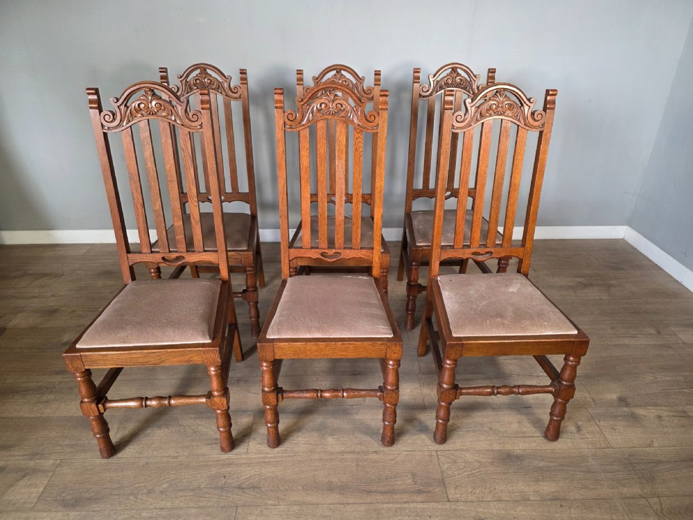 Set of 6 Antique Golden Oak High Back Carved Dining Chairs  View II