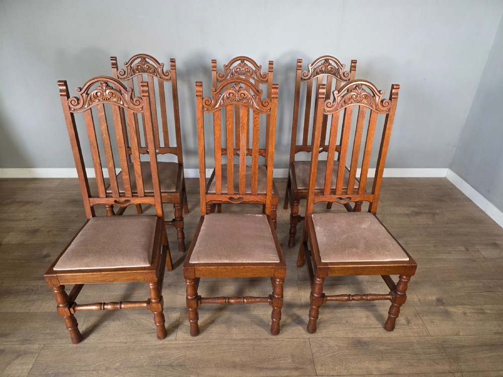 Set of 6 Antique Golden Oak High Back Carved Dining Chairs  View III