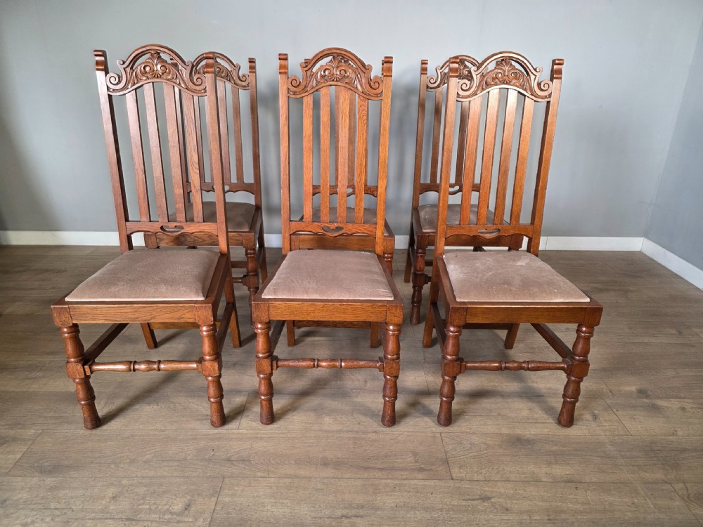 Set of 6 Antique Golden Oak High Back Carved Dining Chairs  View IV