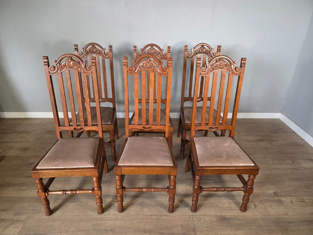 Set of 6 Antique Golden Oak High Back Carved Dining Chairs  View V