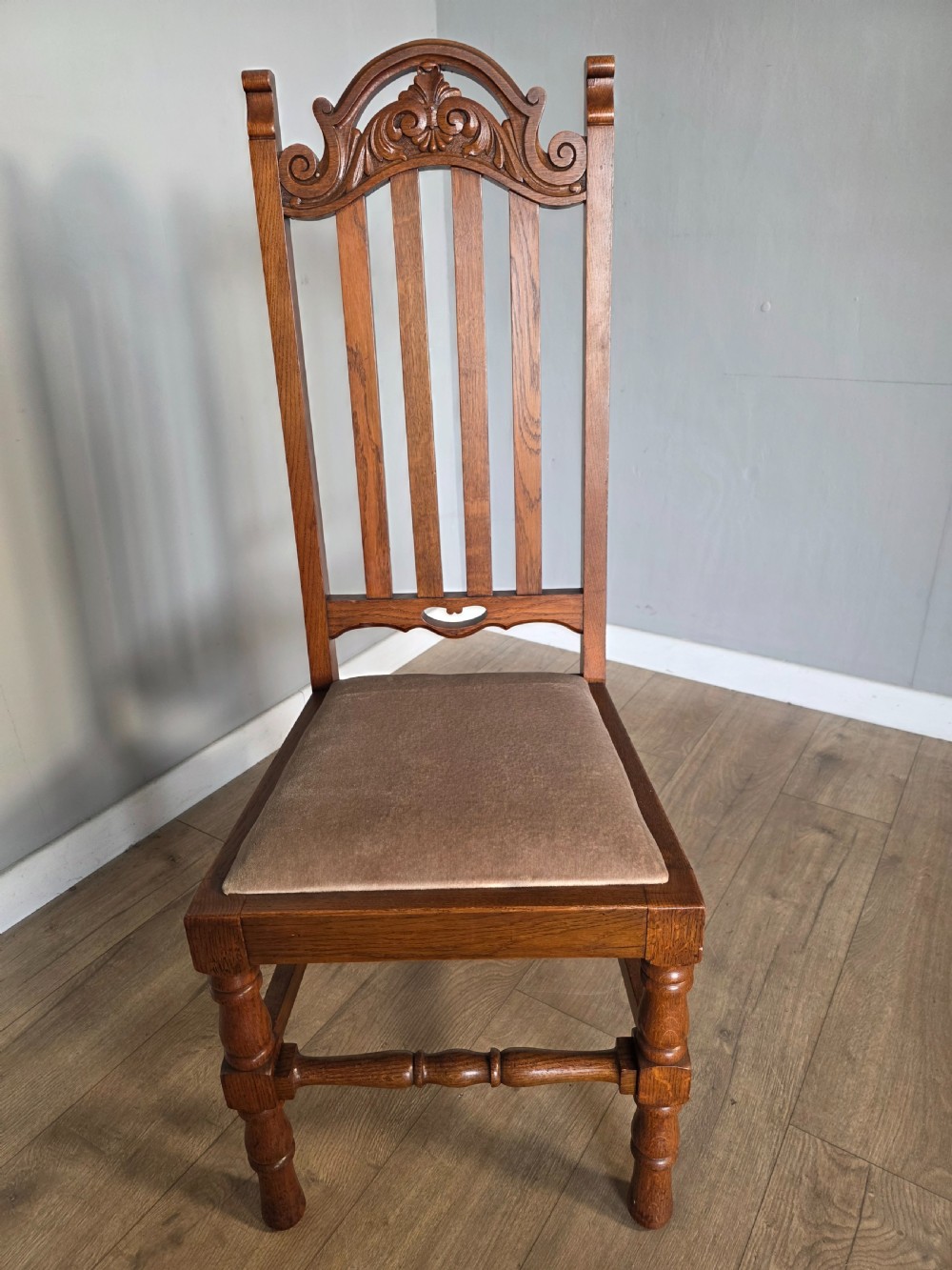 Set of 6 Antique Golden Oak High Back Carved Dining Chairs  View XIII