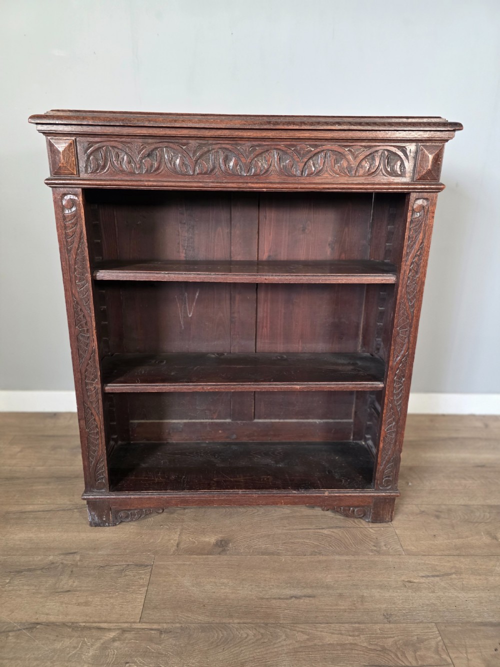 1900s Antique Solid Oak Carved Open Bookcase 