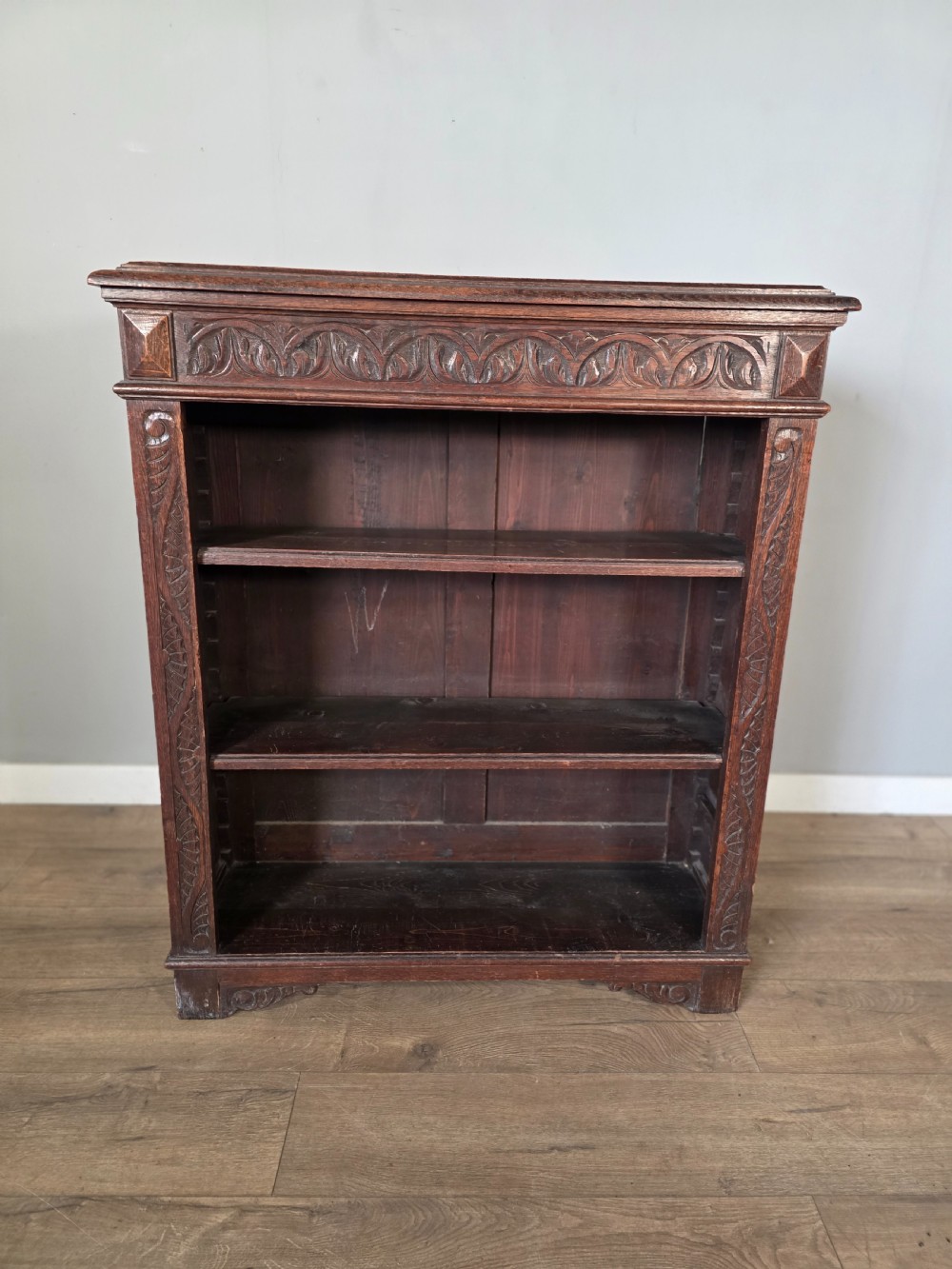1900s Antique Solid Oak Carved Open Bookcase  View II