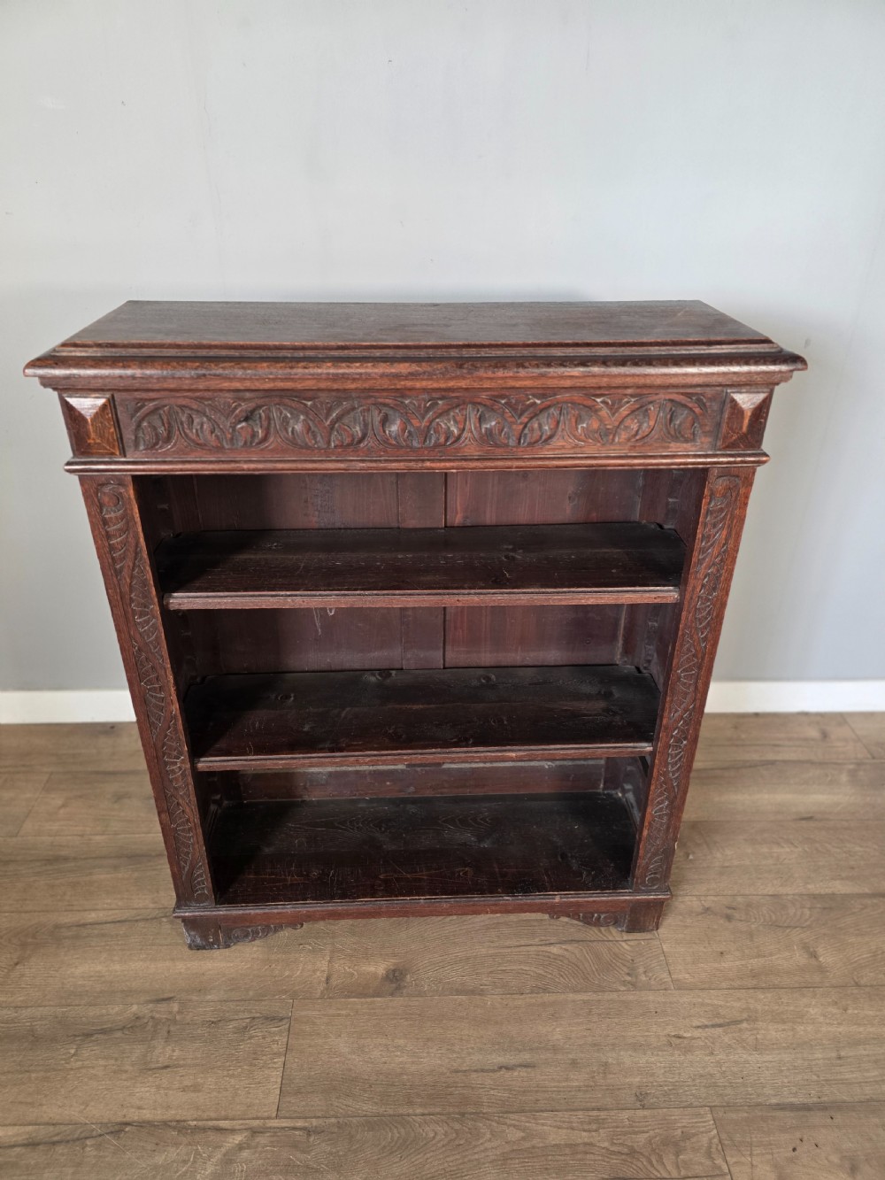 1900s Antique Solid Oak Carved Open Bookcase  View III