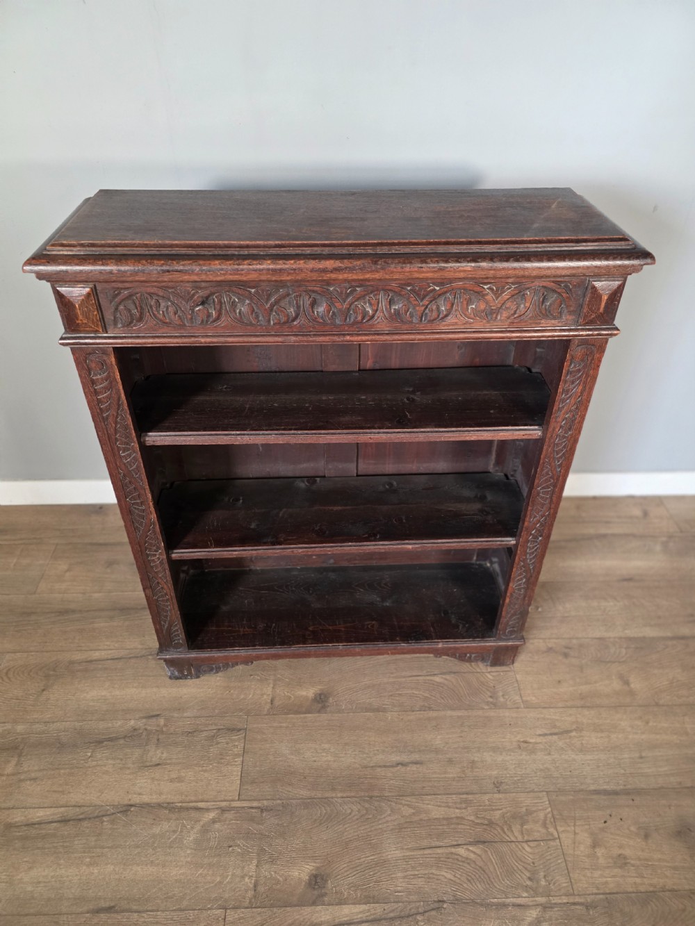 1900s Antique Solid Oak Carved Open Bookcase  View IV