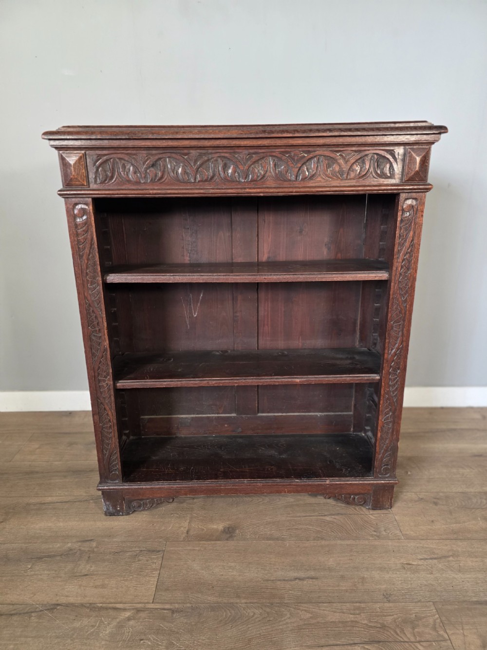 1900s Antique Solid Oak Carved Open Bookcase  View V