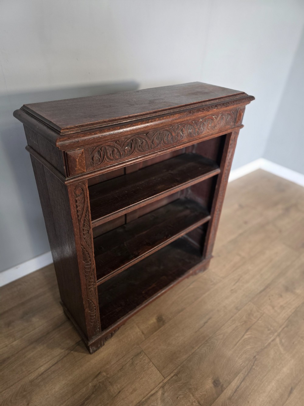 1900s Antique Solid Oak Carved Open Bookcase  View VI