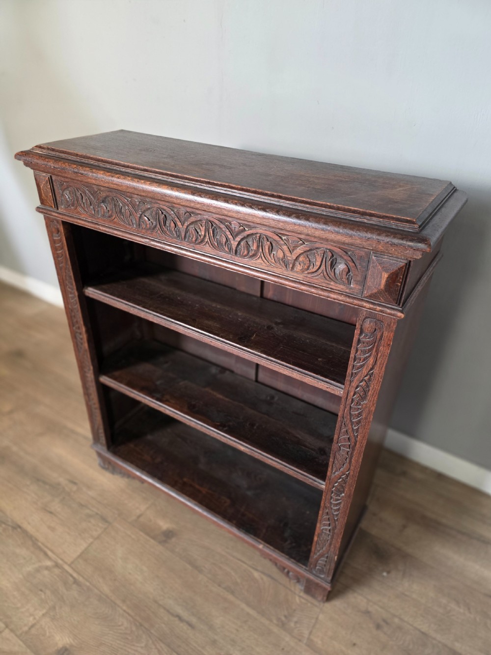 1900s Antique Solid Oak Carved Open Bookcase  View VII