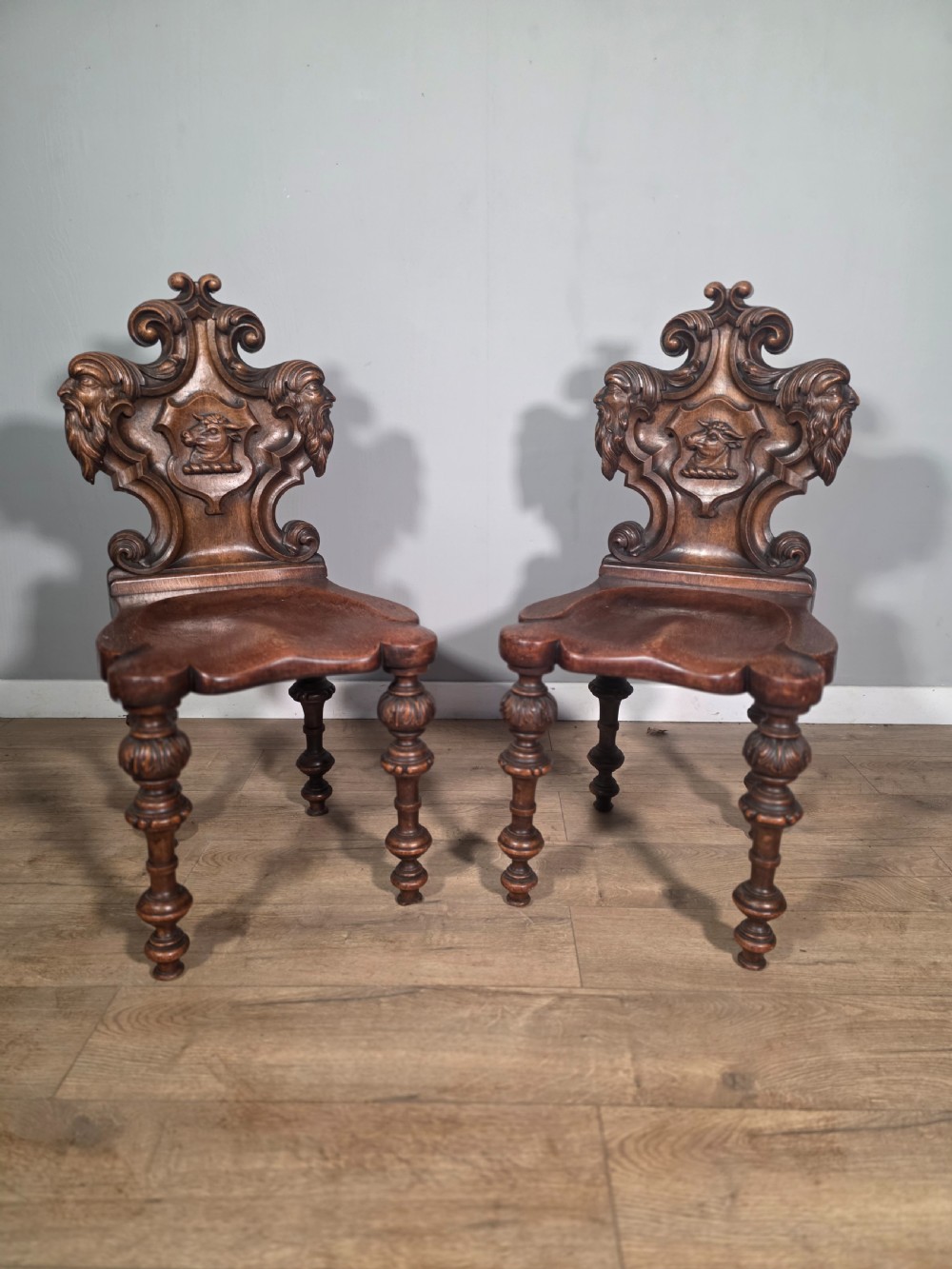 Antique Pair of Carved Oak Hall Chairs 1890s