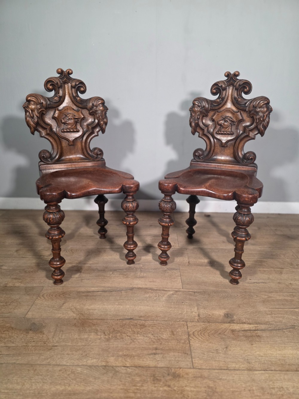 Antique Pair of Carved Oak Hall Chairs 1890s View II