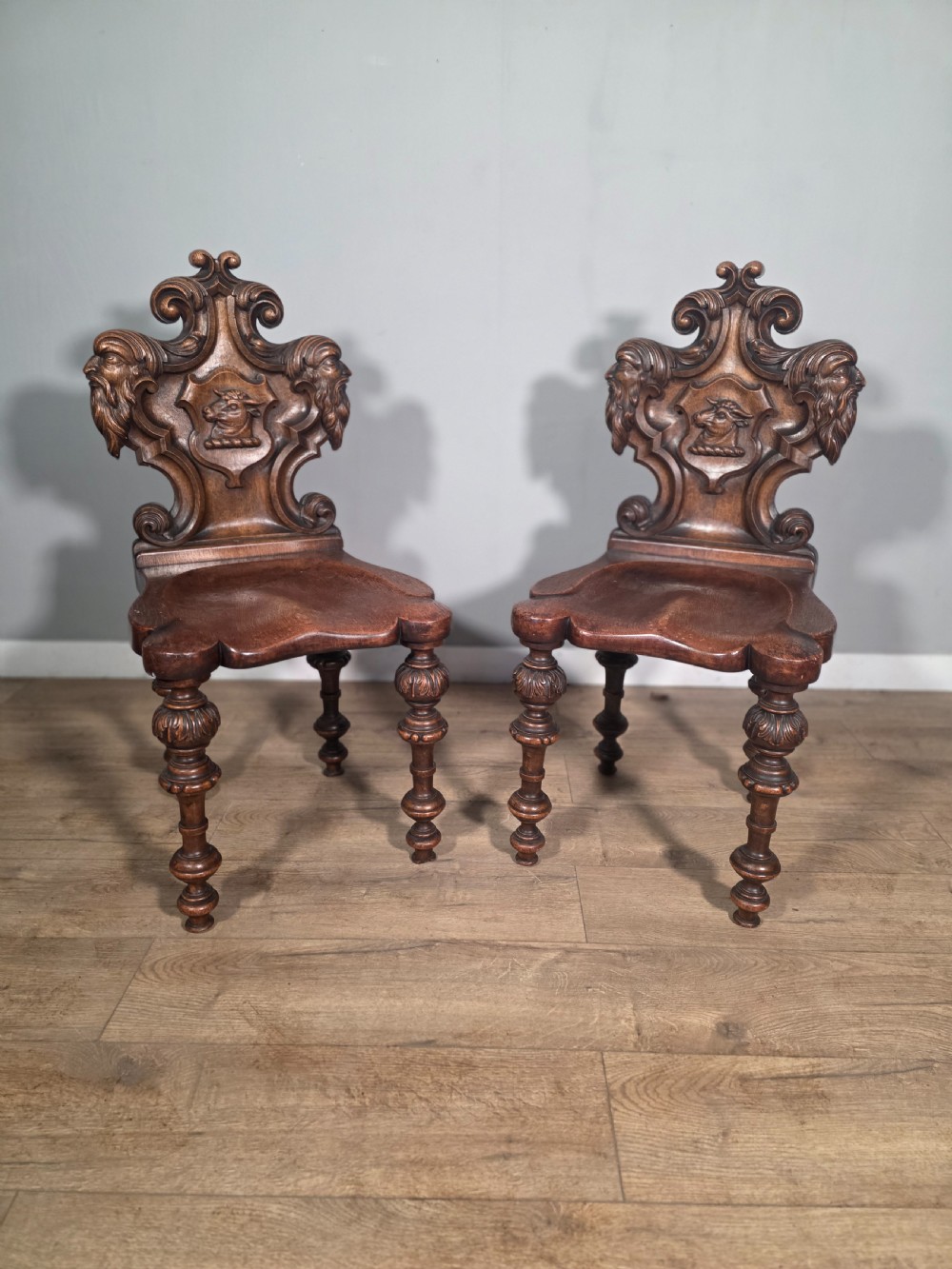 Antique Pair of Carved Oak Hall Chairs 1890s View III