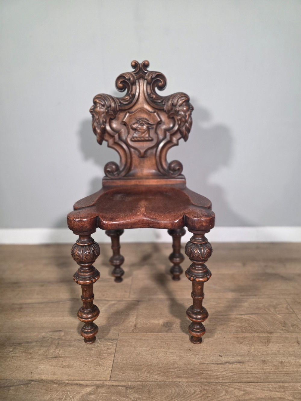 Antique Pair of Carved Oak Hall Chairs 1890s View IV
