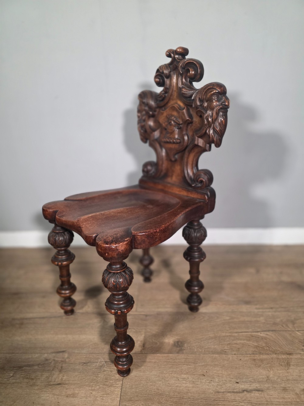 Antique Pair of Carved Oak Hall Chairs 1890s View V