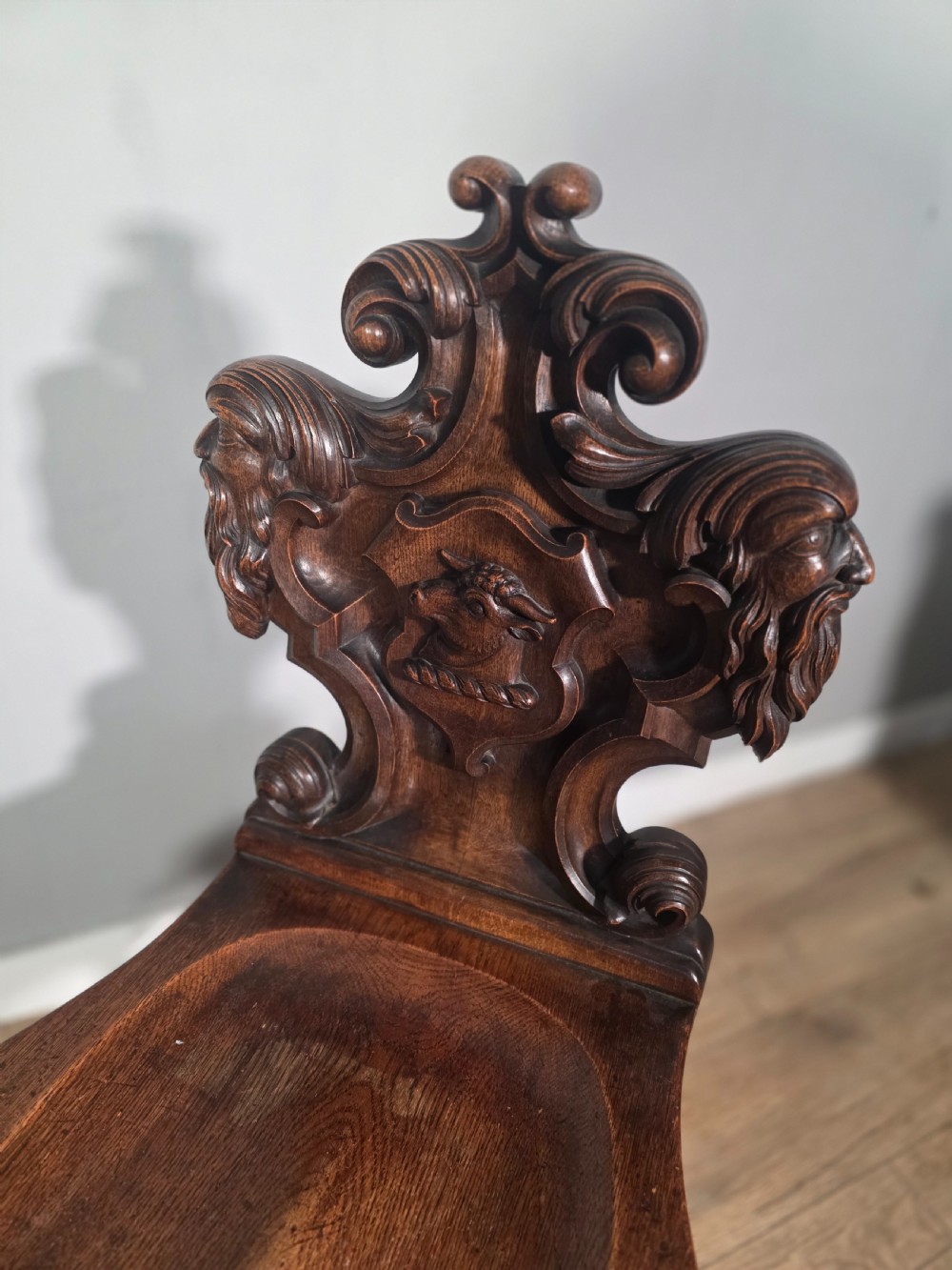 Antique Pair of Carved Oak Hall Chairs 1890s View VI