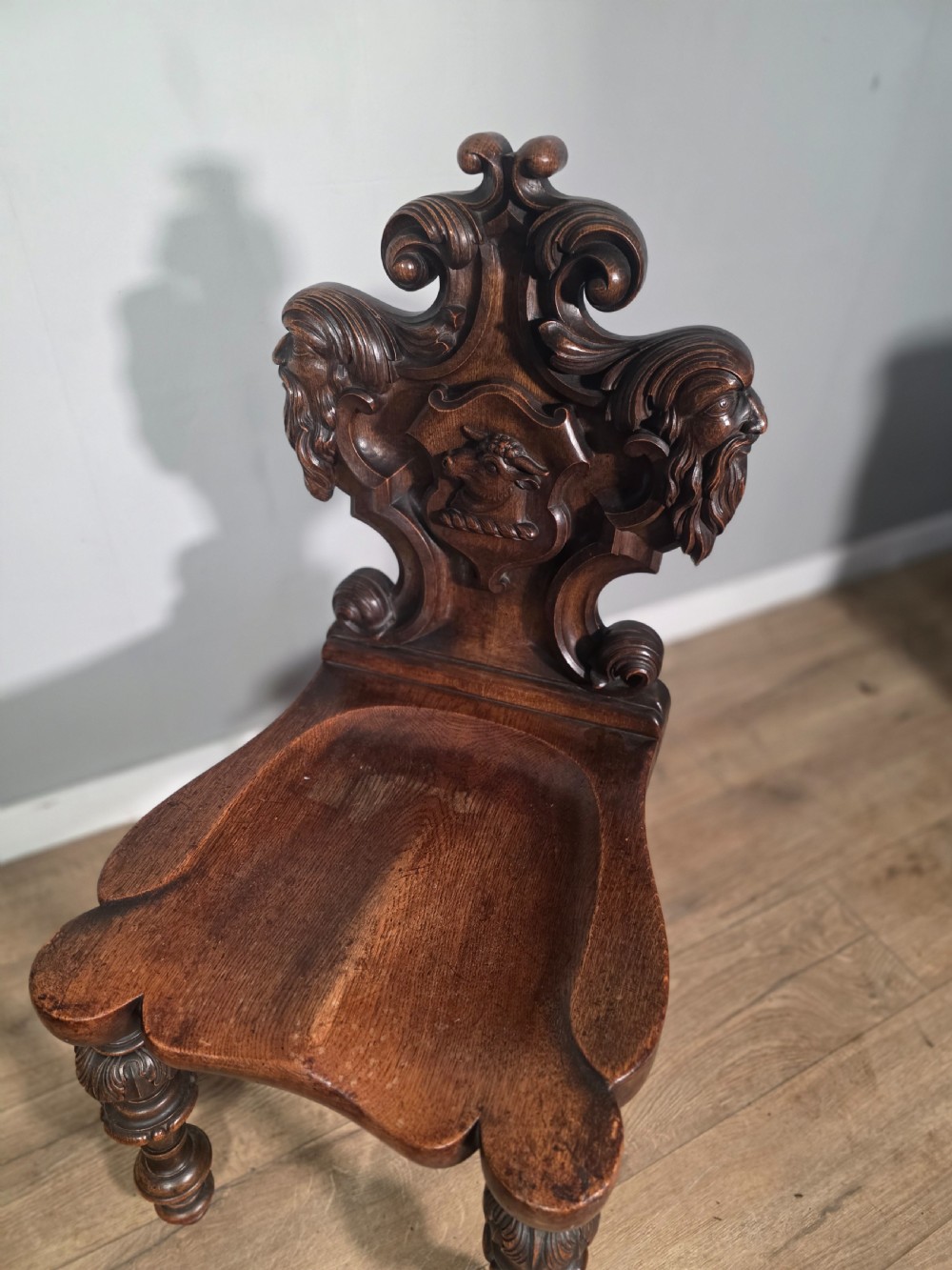 Antique Pair of Carved Oak Hall Chairs 1890s View VII