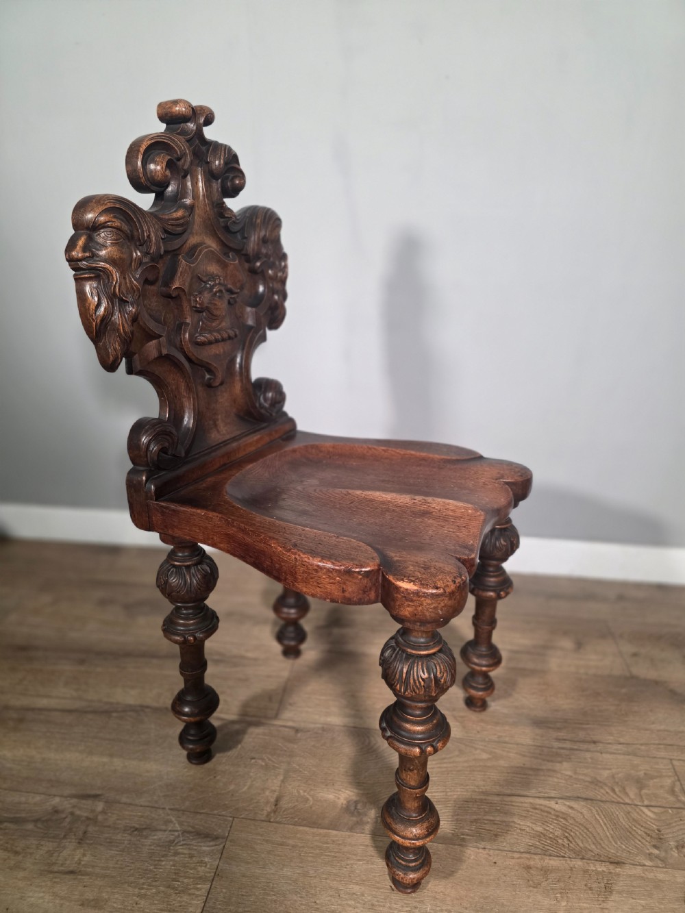 Antique Pair of Carved Oak Hall Chairs 1890s View IX