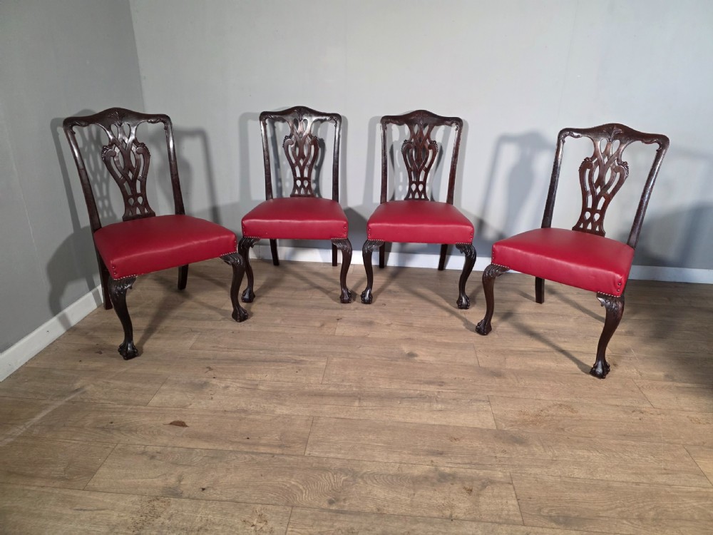 Set of 4 Antique Mahogany Chippendale Style Dining Chairs 1900s