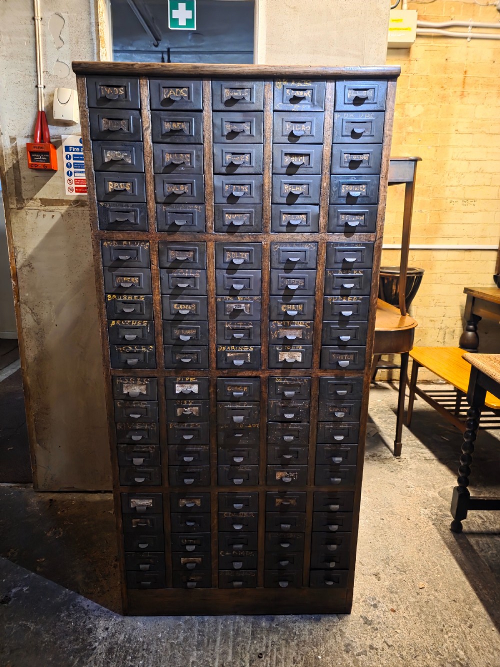 Antique Multi-Drawer Oak and Steel Cabinet 1920s.  View X