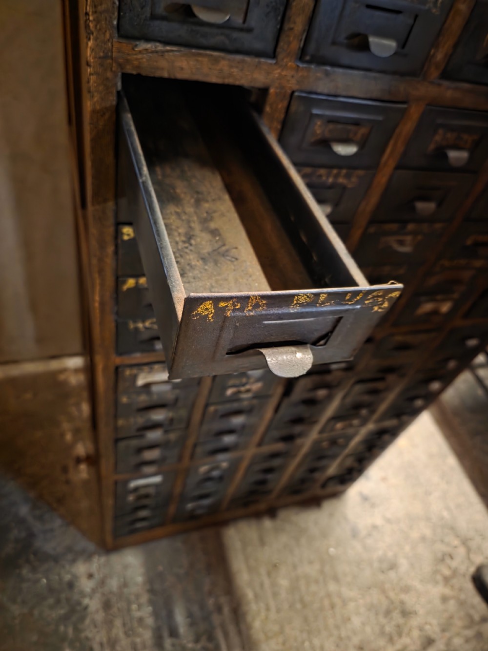 Antique Multi-Drawer Oak and Steel Cabinet 1920s.  View XI