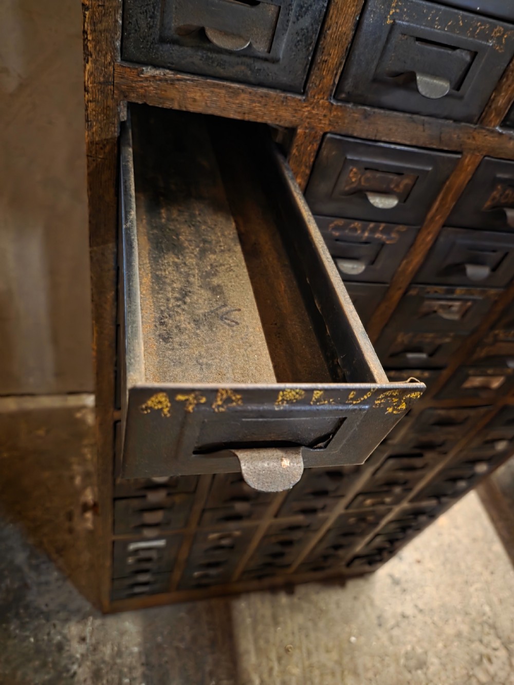 Antique Multi-Drawer Oak and Steel Cabinet 1920s.  View XIII