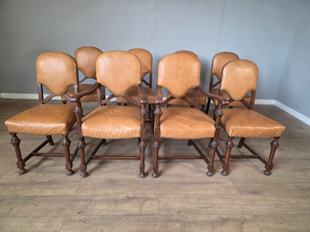 Set of 8 Antique Oak and Leather Dining Chairs  View II