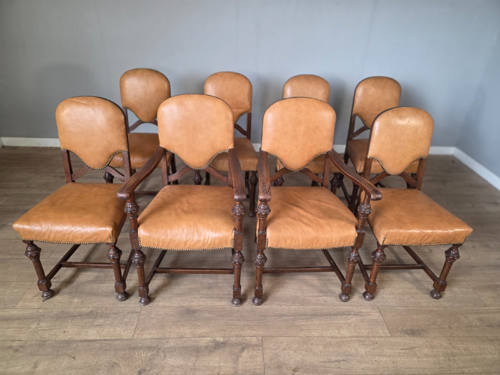 Set of 8 Antique Oak and Leather Dining Chairs  View III