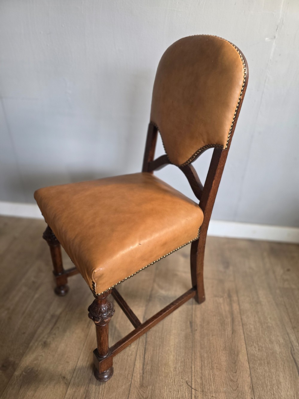 Set of 8 Antique Oak and Leather Dining Chairs  View IV