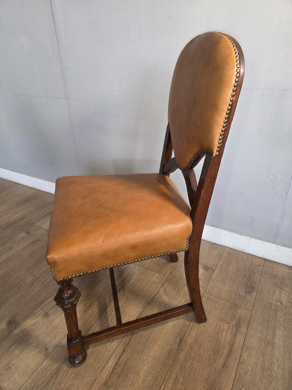 Set of 8 Antique Oak and Leather Dining Chairs  View V