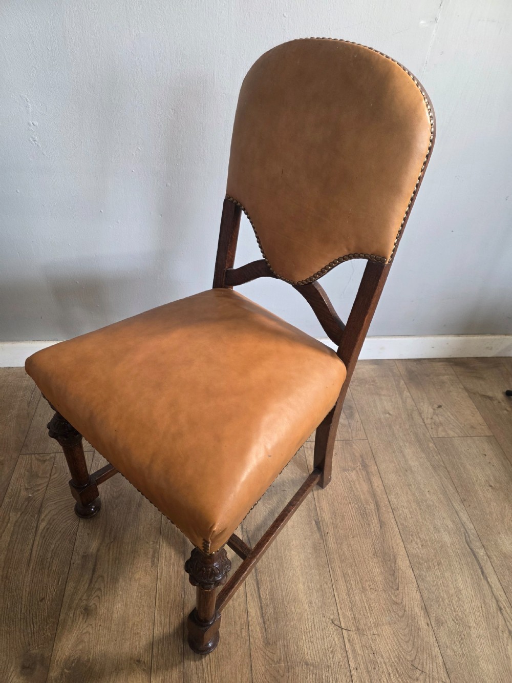 Set of 8 Antique Oak and Leather Dining Chairs  View VI