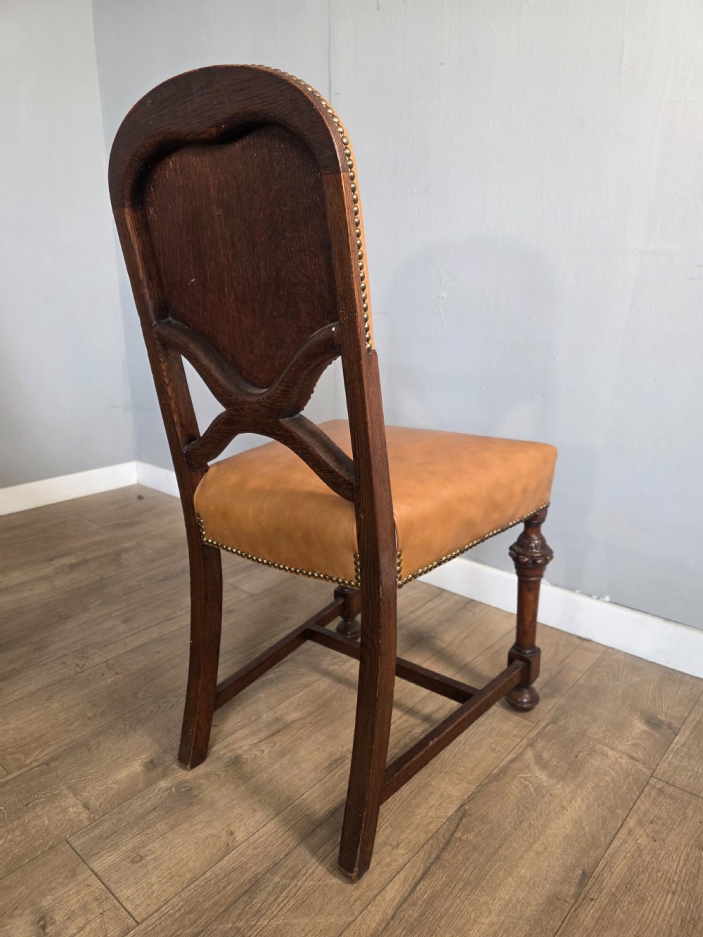 Set of 8 Antique Oak and Leather Dining Chairs  View VII