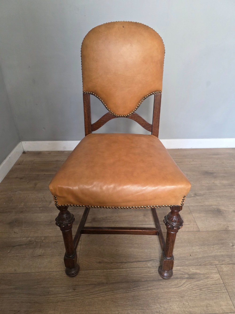 Set of 8 Antique Oak and Leather Dining Chairs  View IX