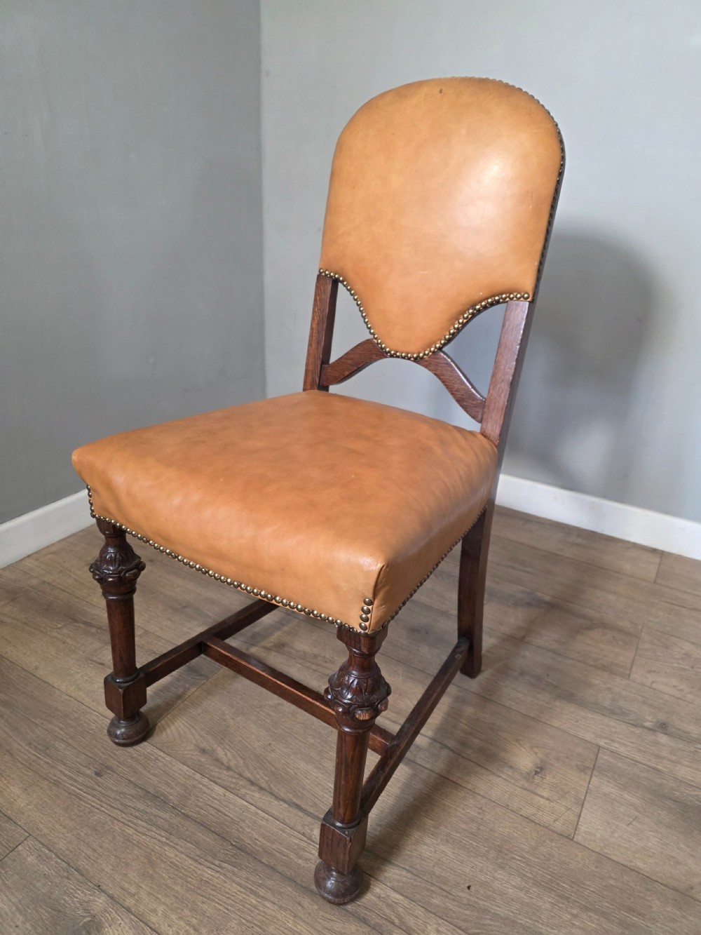 Set of 8 Antique Oak and Leather Dining Chairs  View X