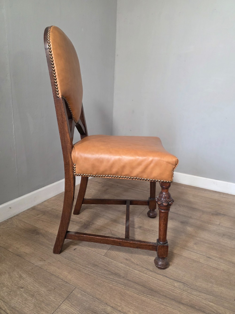 Set of 8 Antique Oak and Leather Dining Chairs  View XI