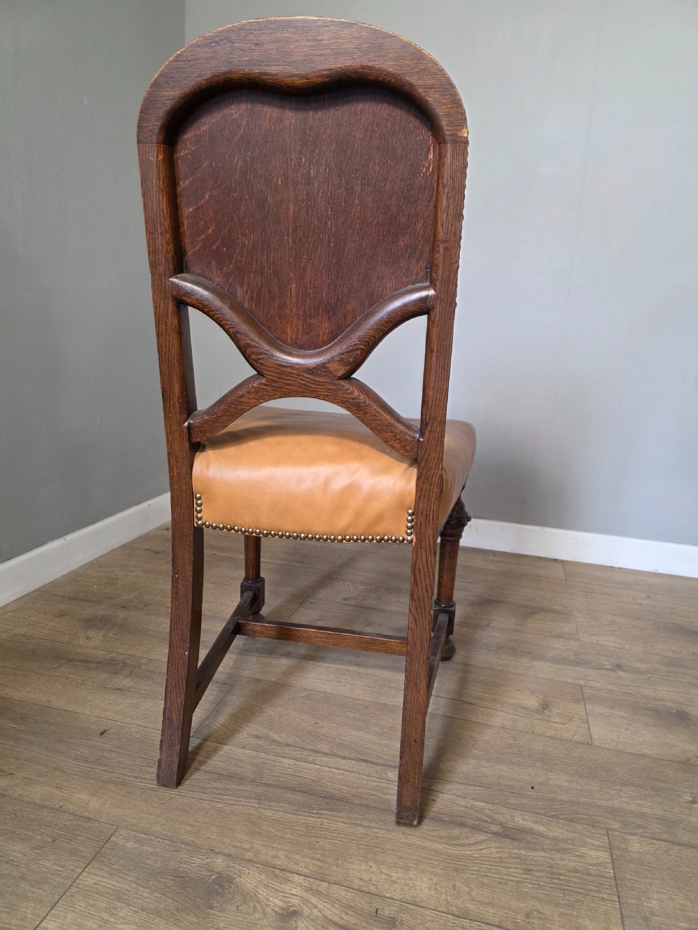 Set of 8 Antique Oak and Leather Dining Chairs  View XII