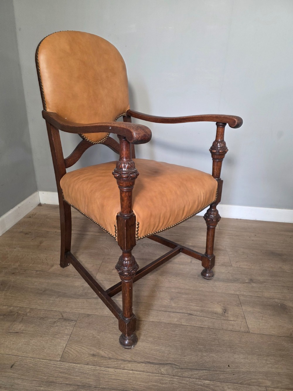 Set of 8 Antique Oak and Leather Dining Chairs  View XIII