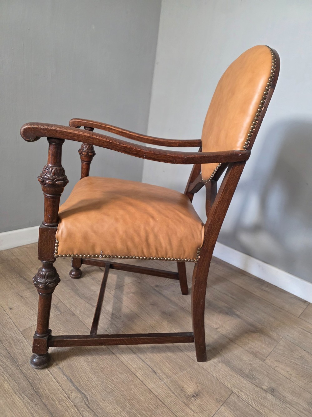 Set of 8 Antique Oak and Leather Dining Chairs  View XV