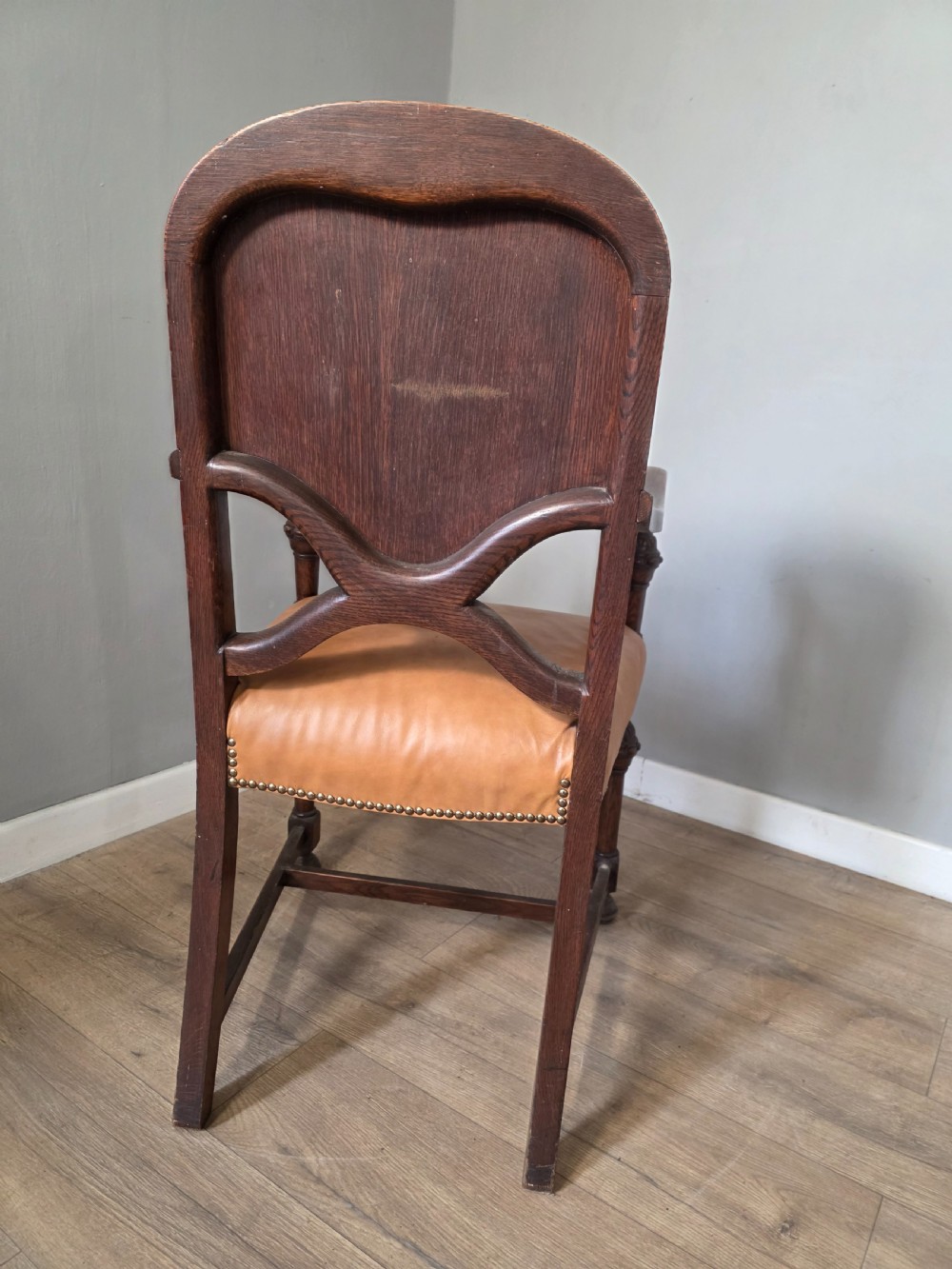 Set of 8 Antique Oak and Leather Dining Chairs  View XVI