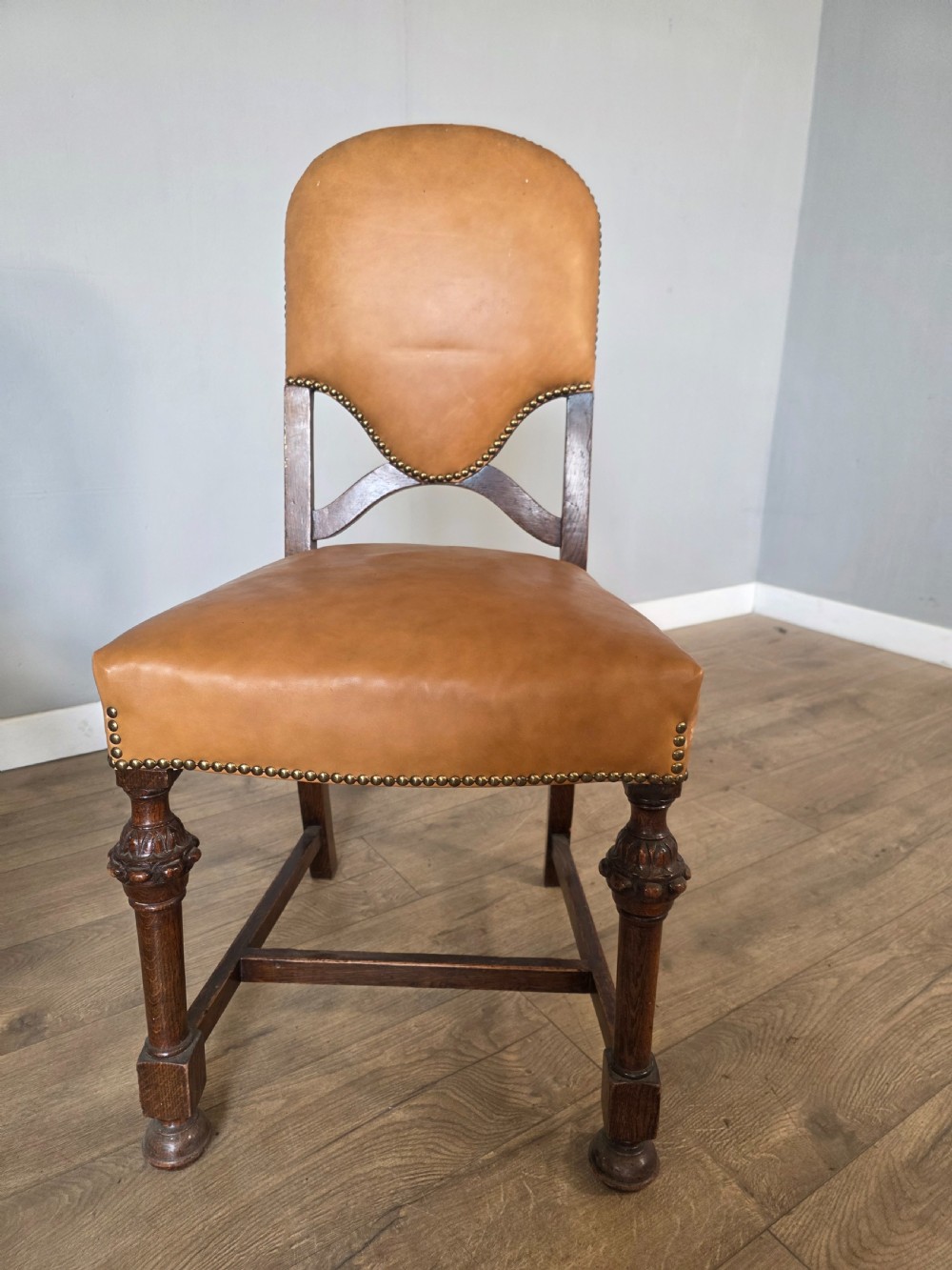 Set of 8 Antique Oak and Leather Dining Chairs  View XIX