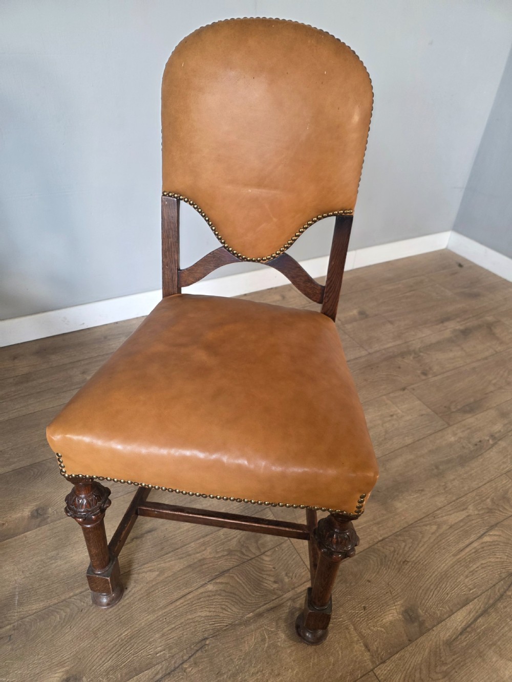 Set of 8 Antique Oak and Leather Dining Chairs  View XX