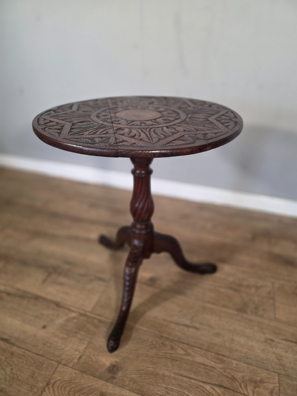 Antique Oak Carved Tilt Top Table 1840s. 