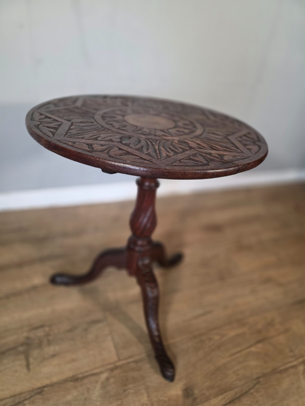 Antique Oak Carved Tilt Top Table 1840s.  View II