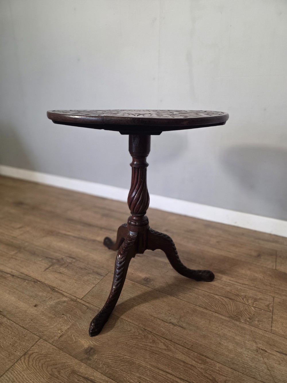 Antique Oak Carved Tilt Top Table 1840s.  View III