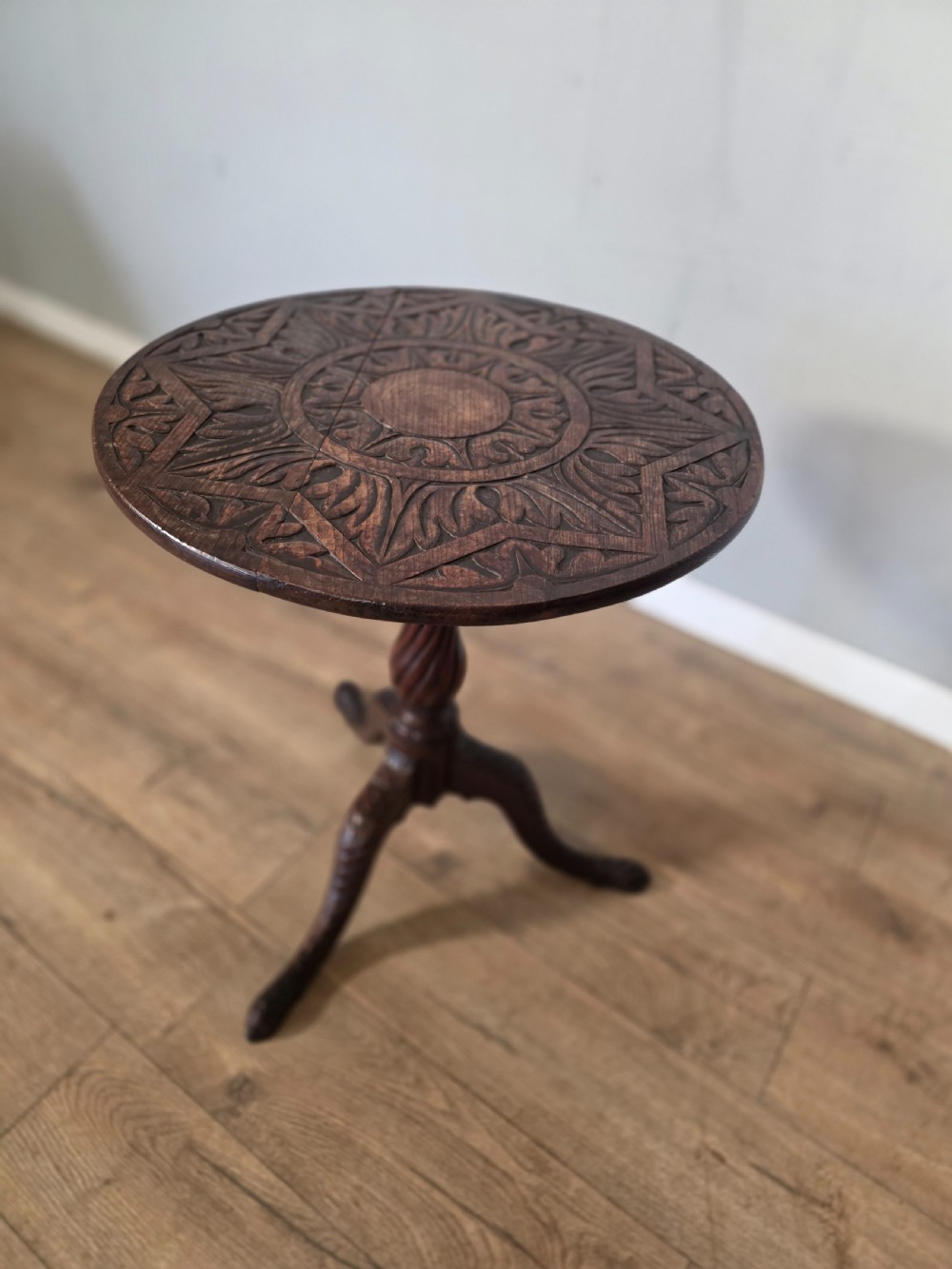Antique Oak Carved Tilt Top Table 1840s.  View IV