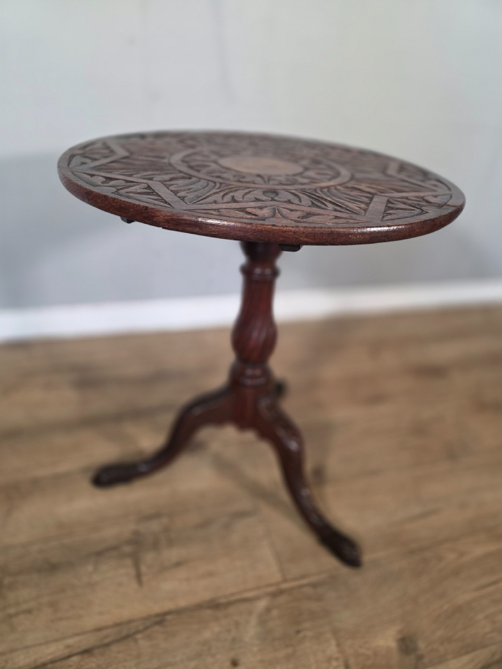 Antique Oak Carved Tilt Top Table 1840s.  View V