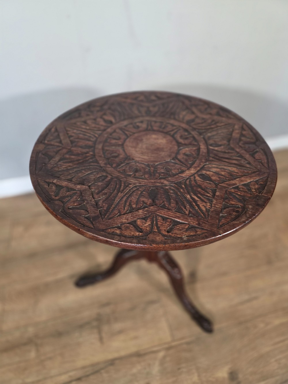 Antique Oak Carved Tilt Top Table 1840s.  View VI