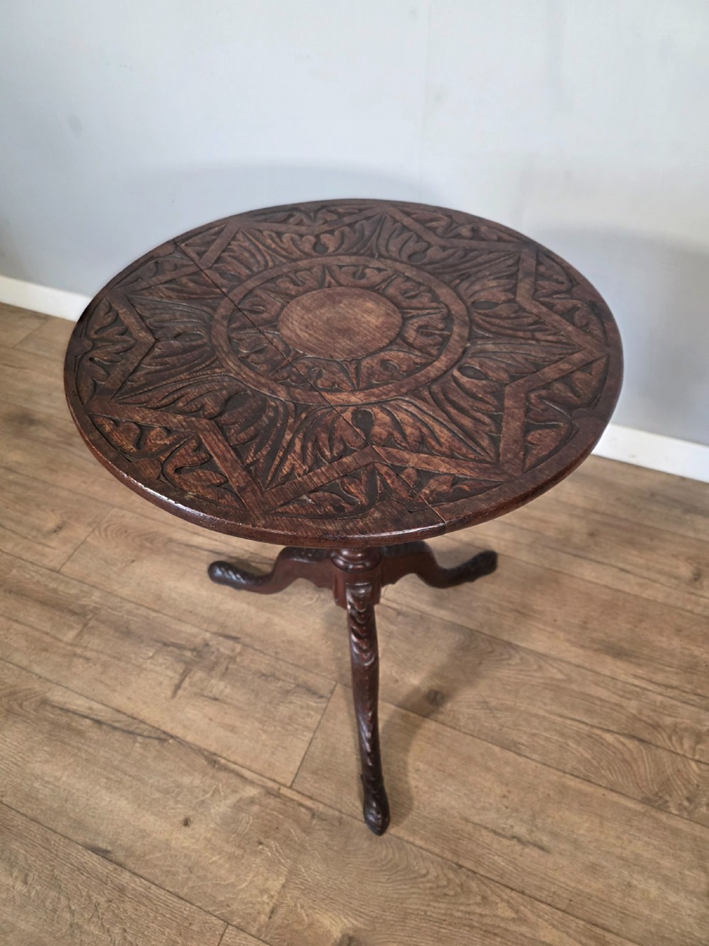 Antique Oak Carved Tilt Top Table 1840s.  View VII